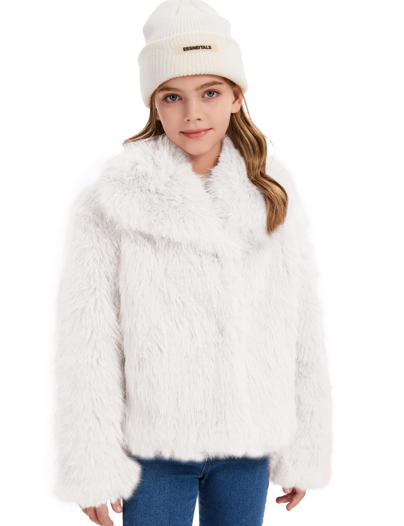 Girls Faux Fur Coat Kids Fluffy Long Sleeve Lapel Collar Open Front Jacket Warm Winter Shaggy Outwear