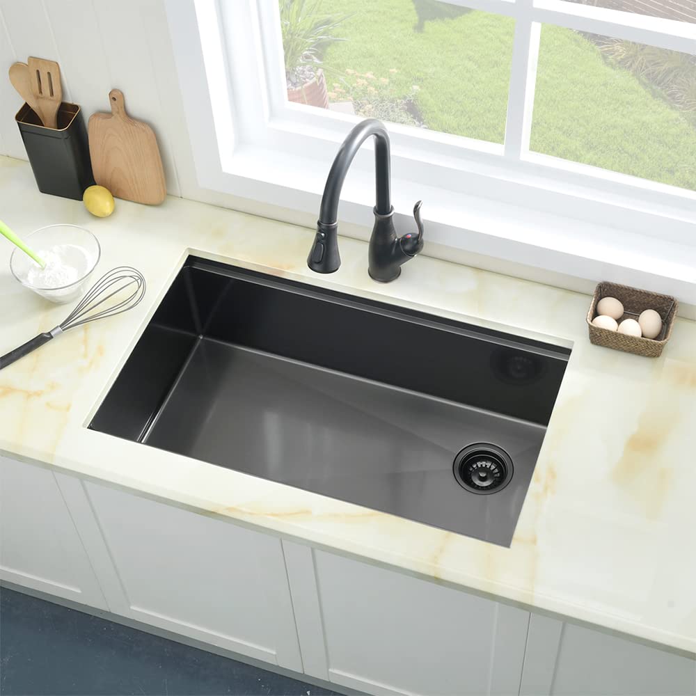 33 Inch Black Undermount Kitchen Sink Offset Drain, 33x19 Undermount Workstation Sink 16 Gauge Stainless Steel Single