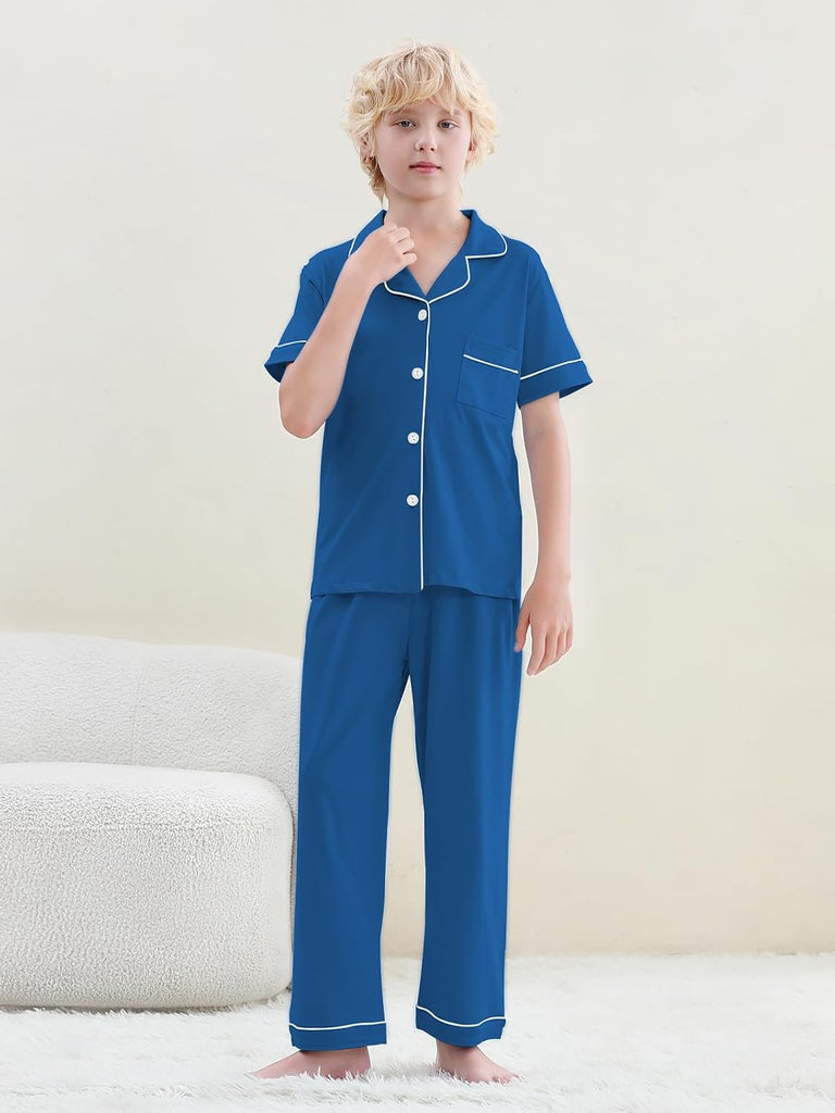 Boys 100% Cotton Pajamas Short Sleeve and Long Pants Piece PJ Set