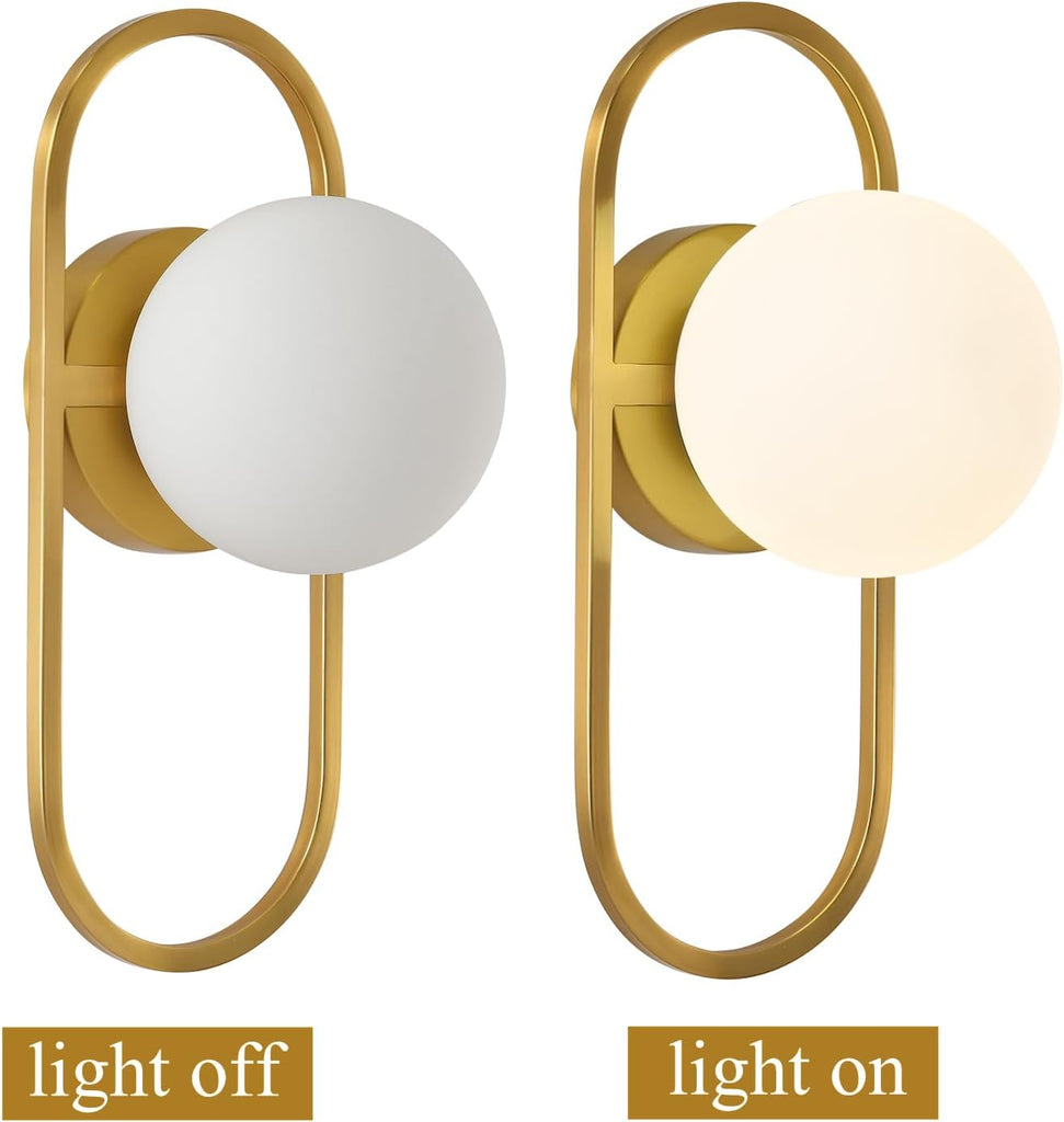 Mid Century Wall Sconces Modern Gold Vanity Wall Lamp with White Globe Lampshade Wall Light Fixture for Bathroom