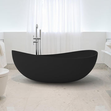 Freestanding 71 Inch Oval Bathtub Stone Resin Soaking Bathtub with Center Drain (Black)