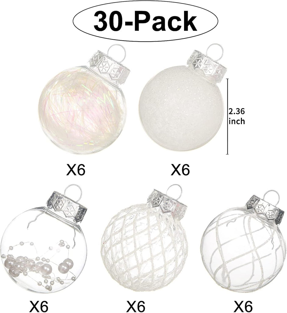 Clear Christmas Ball Ornaments, 2.36 Inch White Christmas Ornaments Balls with Delicate Stuff Shatterproof - Set of 30