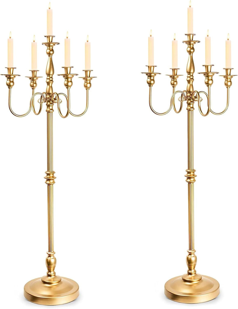 Gold Candelabra, 50'' Tall Floor Candle Holders, 2 Pcs Metal 5 Arm Centerpiece Decorations for 5 Candlesticks Party