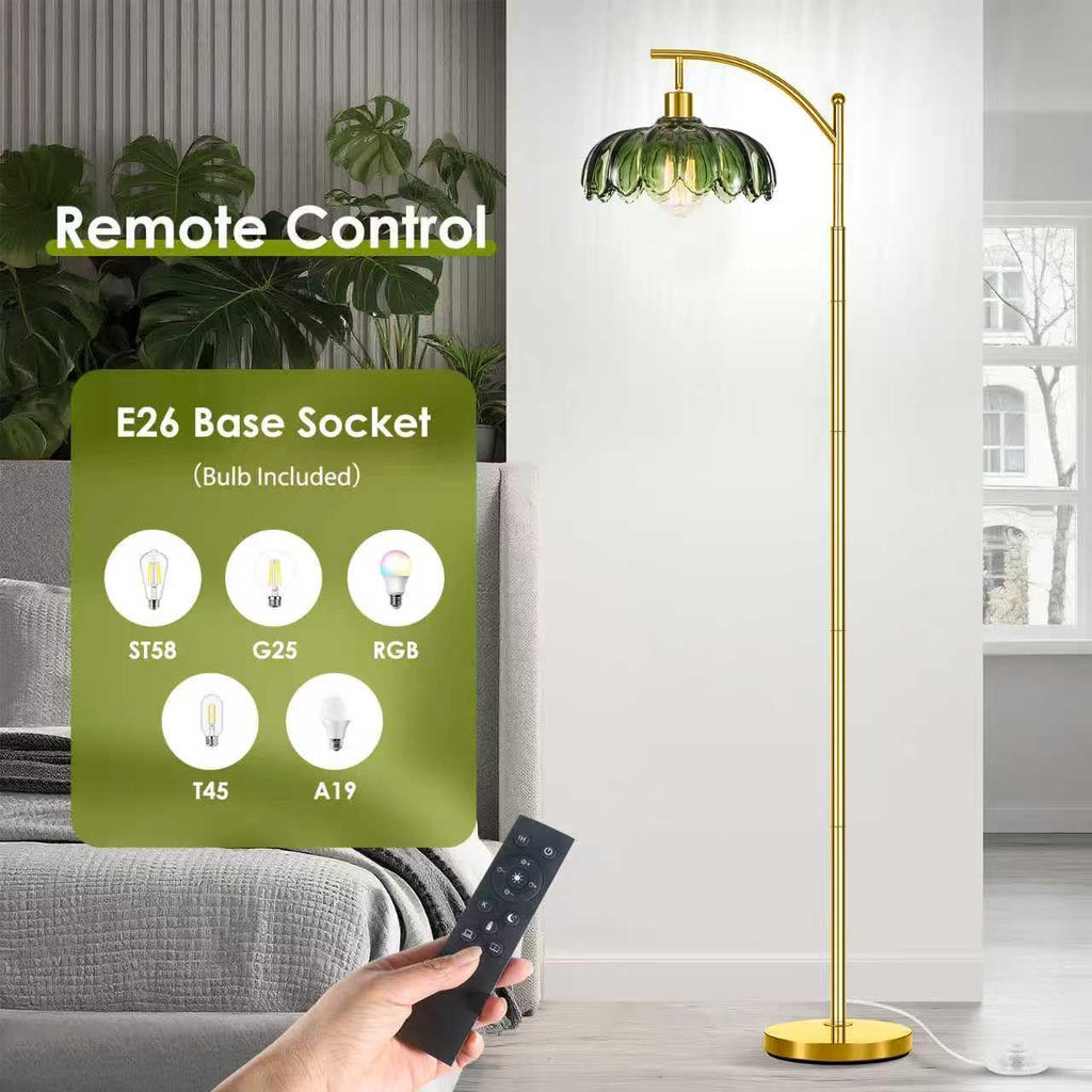 Gold Floor Lamp with Remote Control, Unique Vintage Standing Tall Lamp, Mid Century Modern Floor Lamps Arc Green Glass