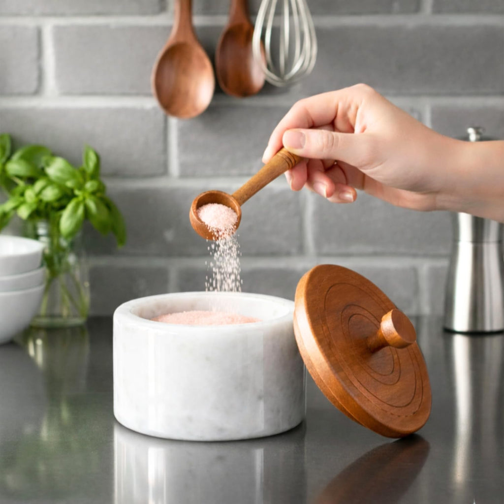 Marble salt cellar with lid and spoon, salt container with spoon, salt bowl with acacia wood lid, salt holder