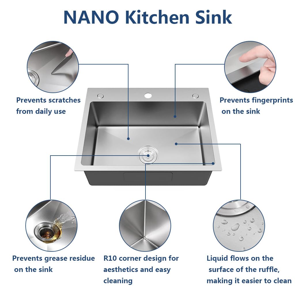 Drop In Stainless Steel Kitchen Sink, 3 Hole Topmount Single Bowl Workstation Sink, Farmhouse Workstation sink with
