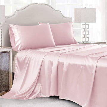 Satin Bed Linen Set, 4Pcs Luxury Soft Silky Sheets with Deep Pocket Fitted Sheet, Blush Pink