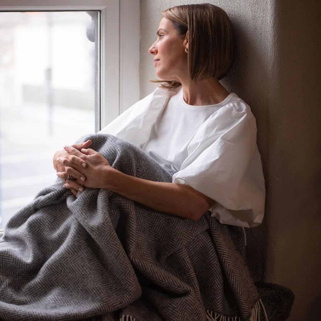 Merino & Cashmere Wool Throw Blanket, 54x71in Grey Herringbone