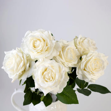 Real Touch Artificial Roses, 6 Stems Faux Flowers Decor(White)
