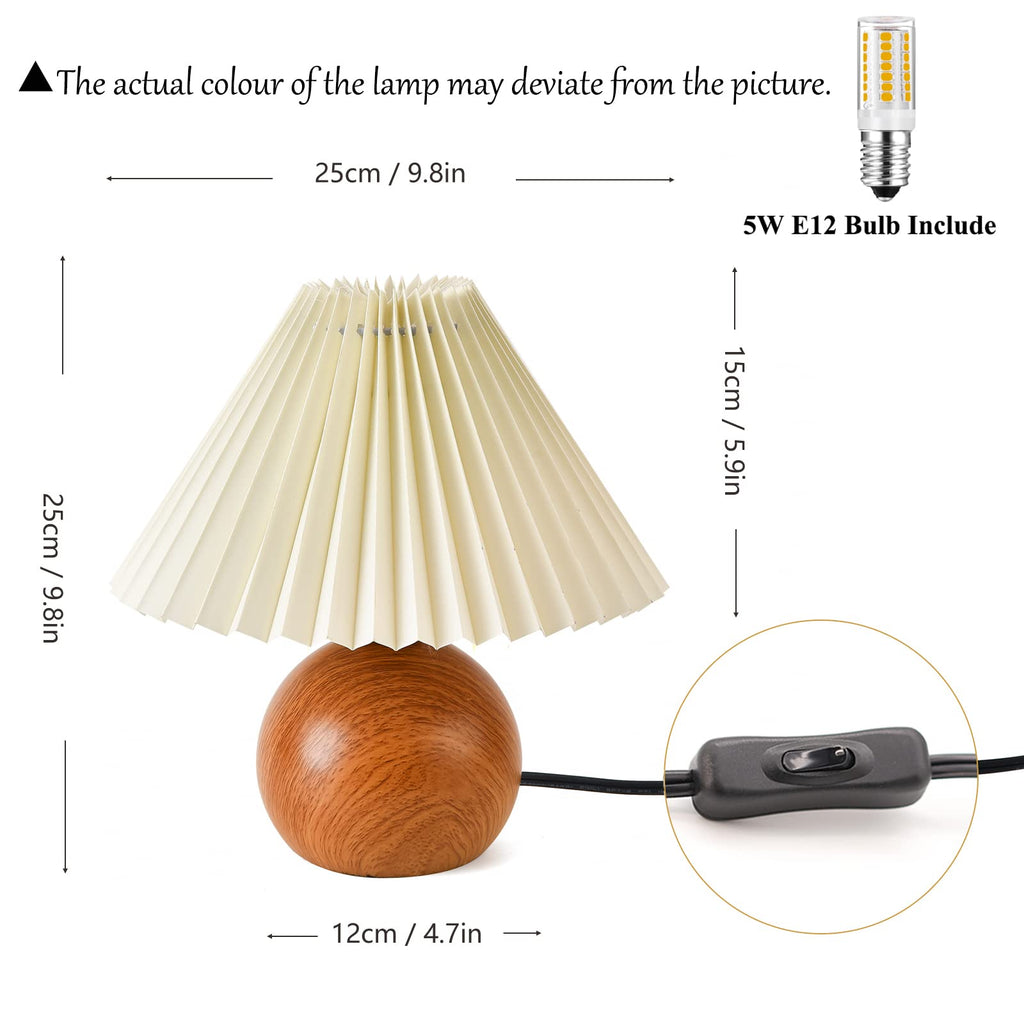 Cute Small Pleated Lamp, Modern Bedside Nightstand Light with Beige Lampshade, Wooden Pattern Metal Base Desk Lamp