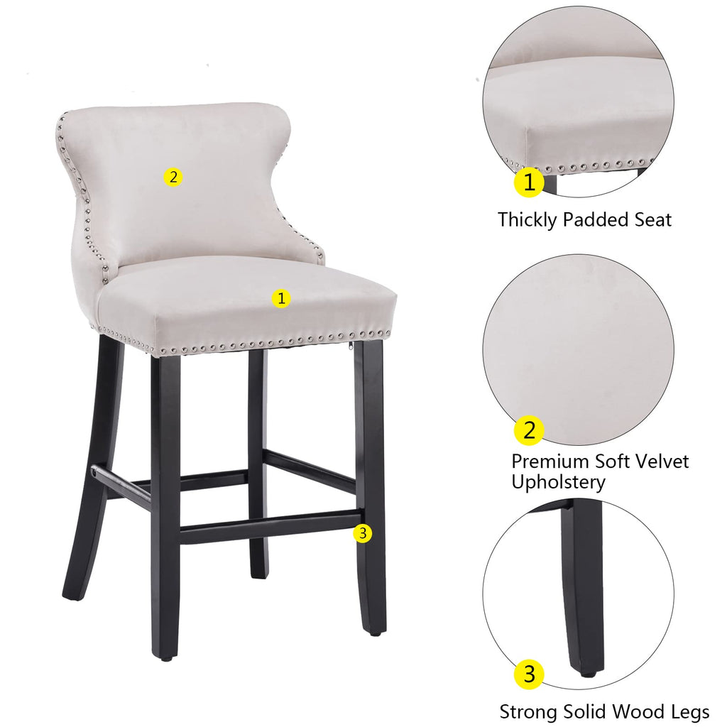 Velvet Wingback Bar Stools Set of 2, Upholstered Button Tufted Counter Height Bar Stool Chairs with Solid Wood Legs