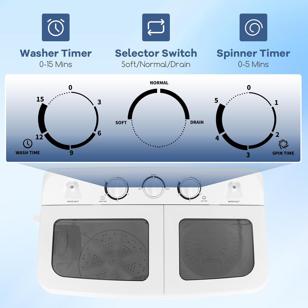 Portable Washing Machine, 20lbs Washer and Spinner Combo, Twin Tub 12lbs Wash & 8lbs Spin, Mini Compact Laundry
