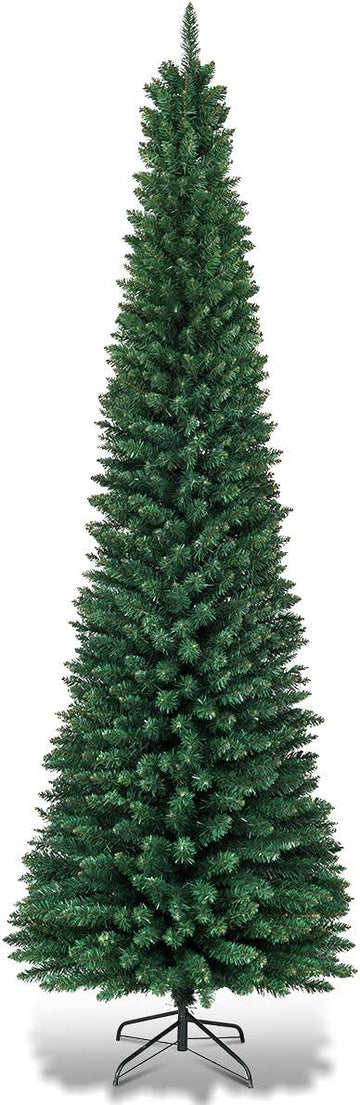 Pencil Christmas Tree, Slim Skinny Hinged Pine Tree with PVC Material, 1500 Branch Tips, Solid Metal Legs, Unlit