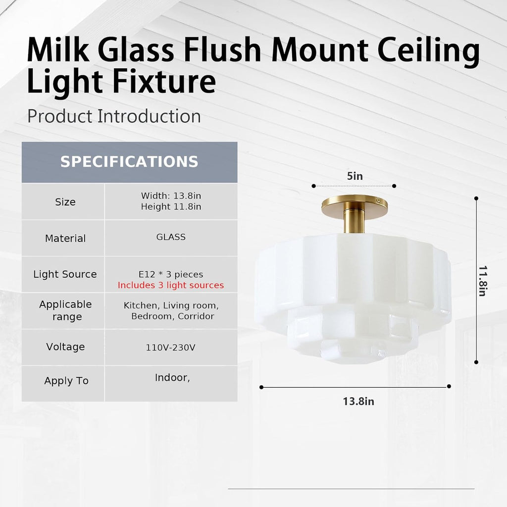 Milk Glass Ceiling Light Fixture - 13.7'' Antique Gold Semi-Flush Mount Ceiling Light for Bedroom, Foyer, Living Room