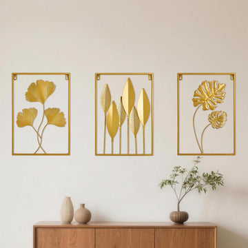Metal Wall Art 3D Minimalist Tree Leaf Wall Sculpture Decor, Gold Framed Wall Art Bedroom Dining Room Office - Set of 3