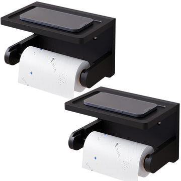2 Pack Bamboo Toilet Paper Holder with Phone Shelf(Black)