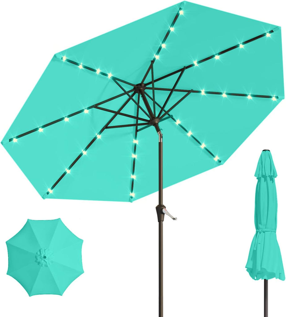 10FT Solar Umbrella 32 LED Lighted Patio Umbrella Table Market Umbrella w/Tilt and Crank