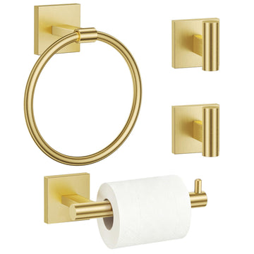 Brushed Gold 4-Pieces Towel Ring Set Include Towel Ring Toilet Paper Holder Towel Hook Stainless Steel