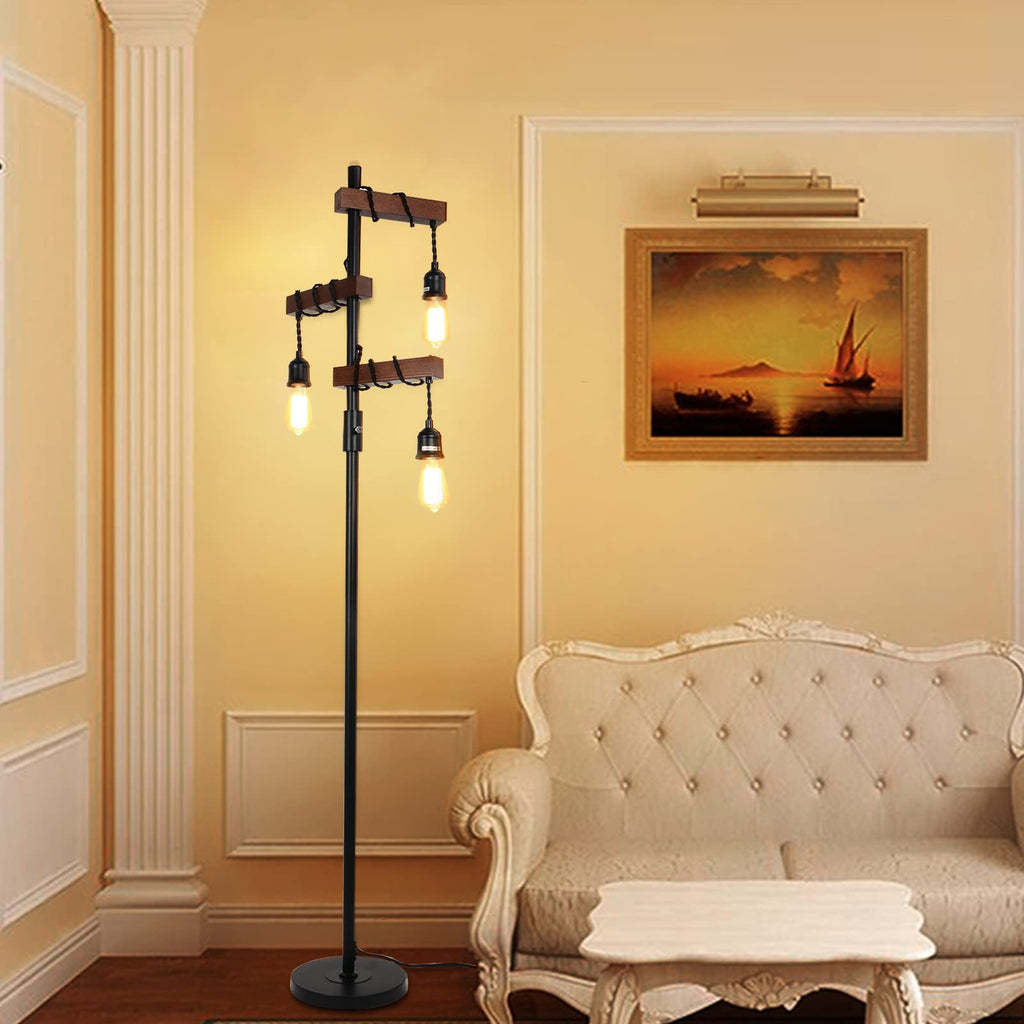 Dimmable Industrial Floor Lamp, Farmhouse Tree Floor Lamp, 68 Inch 3 Lights Wood Standing Lamp, Sturdy Base Tall