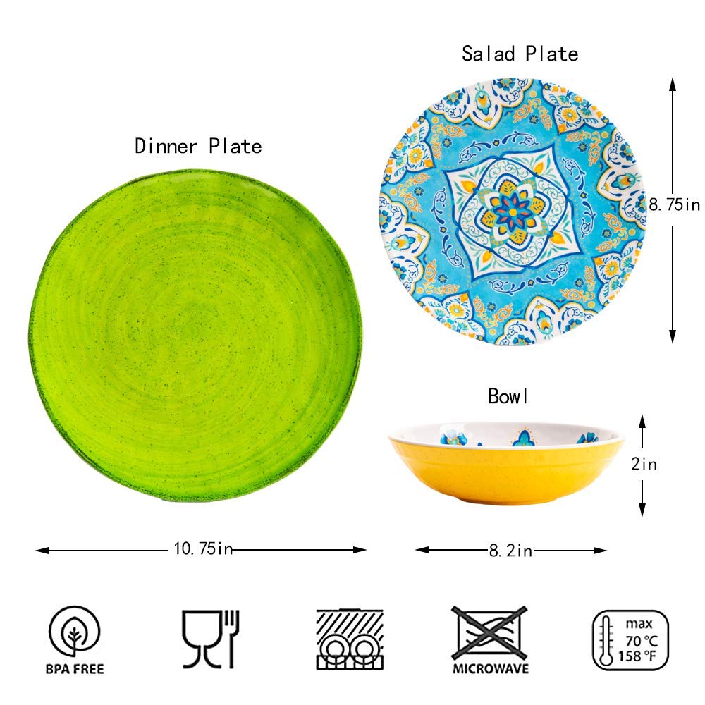 Melamine Dinnerware Set 12 Pcs Durable Dishware Colorful Plate Bowl Set Dishwasher Safe Shatter Proof Chip Resistant