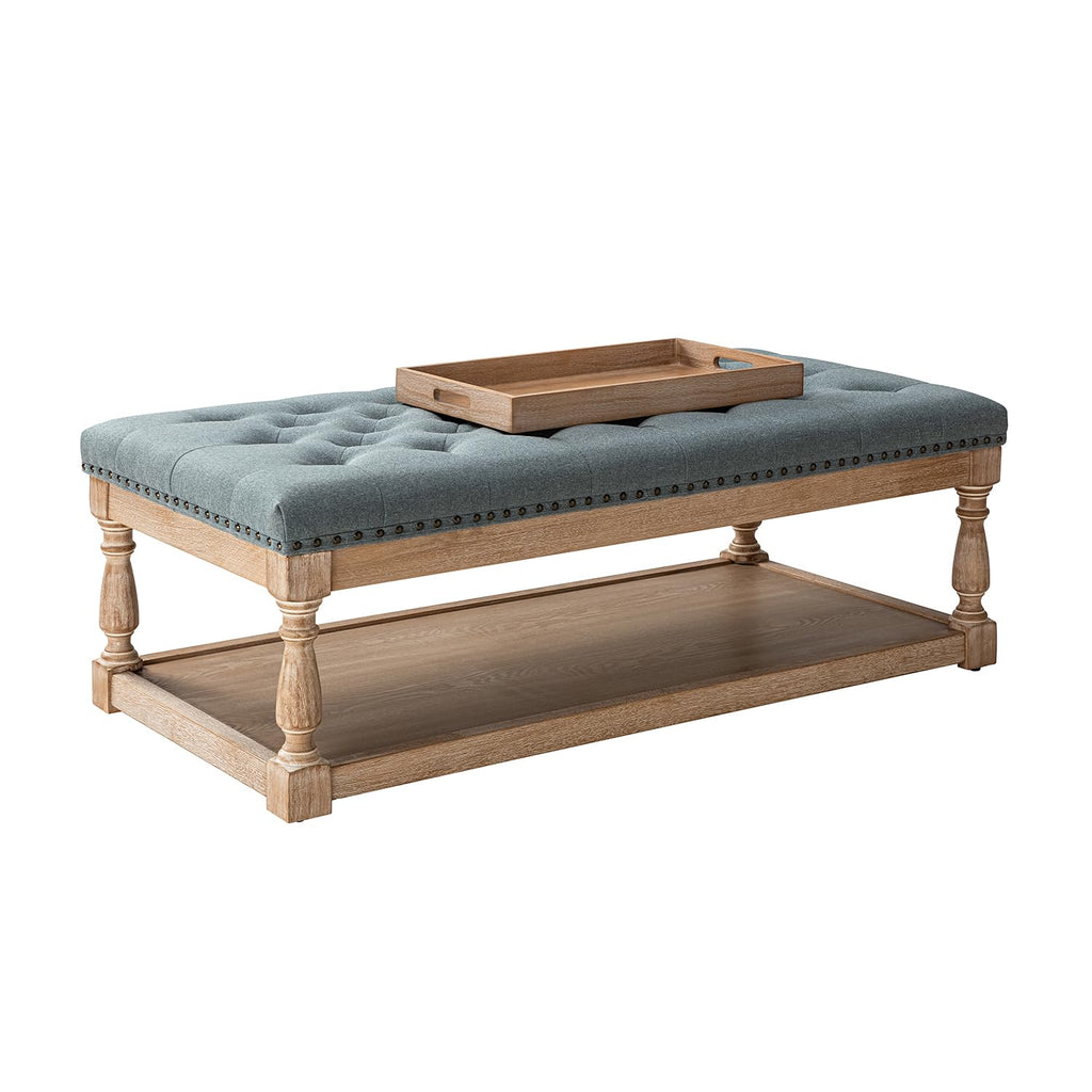 Storage Tufted Ottoman Coffee Table with Solid Wood Legs, Blue