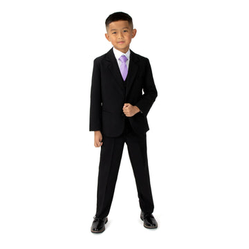 Boys' Classic Fit Formal Suit Set -Wedding, Baptism, and Christening, Black Suit & Lilac Tie