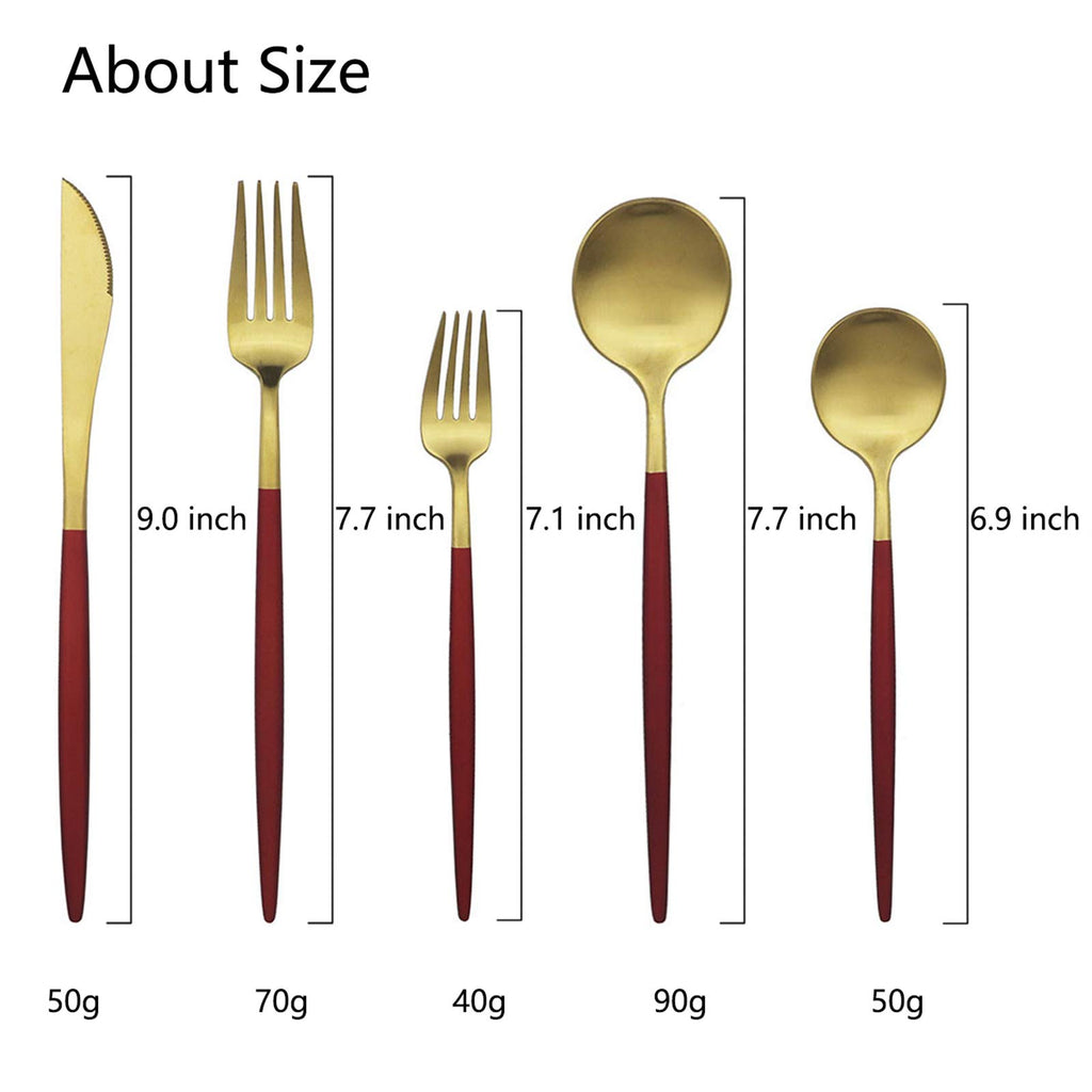 Luxury 18/10 Red Handle Flatware Gold Silverware Set 304 Stainless Steel Flatware Cutlery Set| 5-Piece Adaline Royal