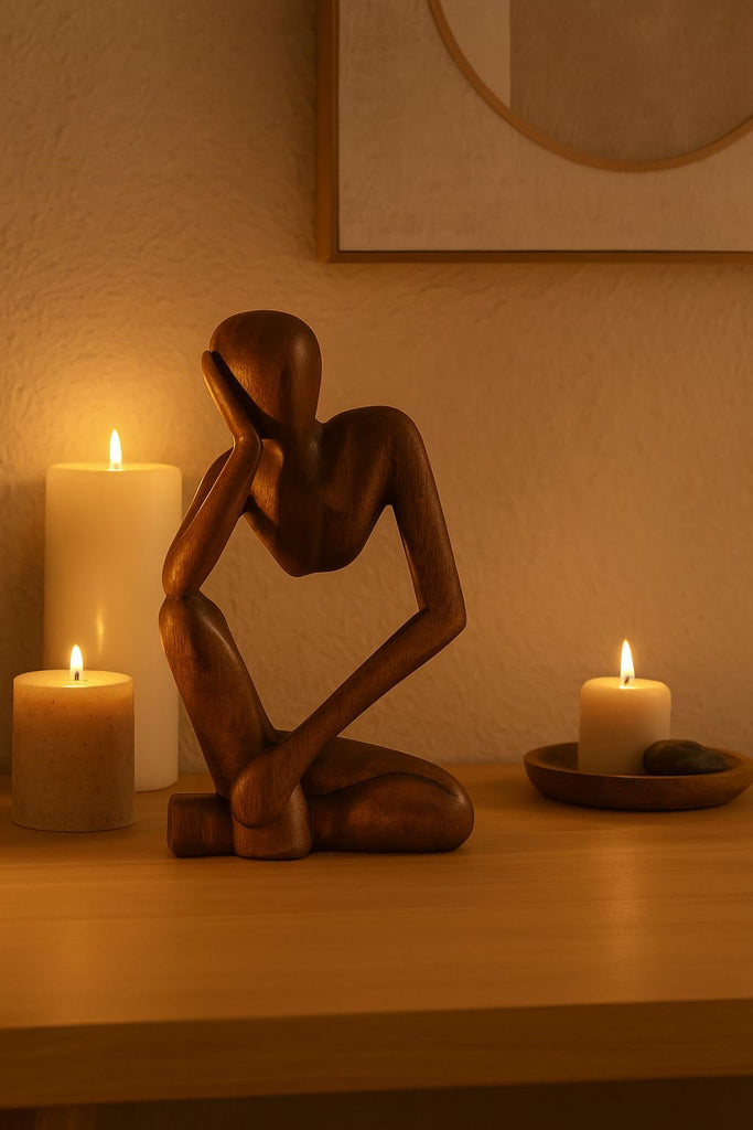12" Wooden Abstract Thinker Statue, Hand Carved Thinking Man Figurine, Modern Minimalist Sculpture, Handmade Home