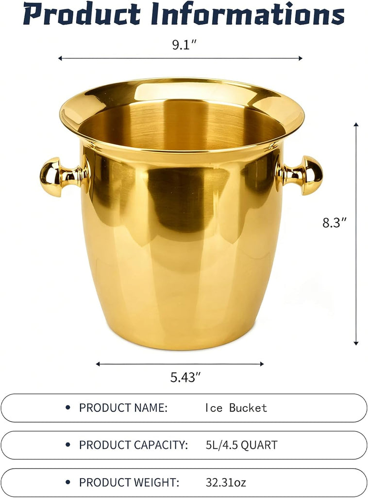 Ice Bucket, Large Ice Bucket for Parties, 5L Portable Stainless Steel Wine Buckets with Handle for Champagne, Beer