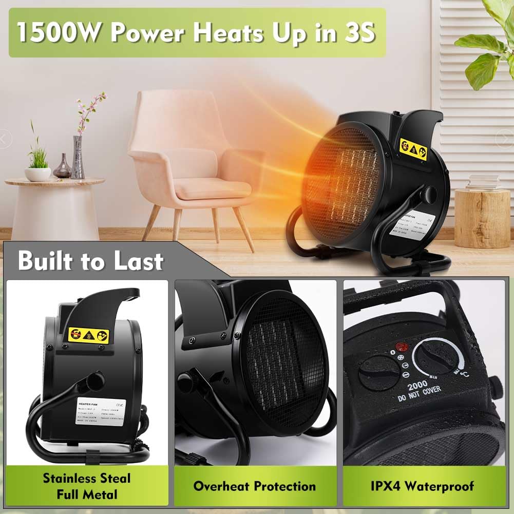 Greenhouse Heater with Thermostat, 1500W Electric Heater Auto Temperature Control Kit Digital Display, Fast Heating