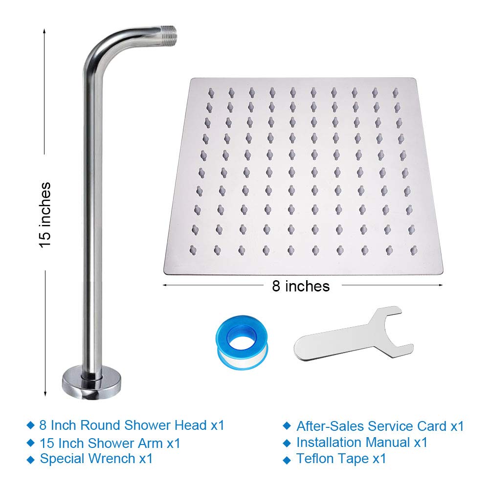 Square Rain Shower Head With Extension Arm, Large Stainless Steel Rainfall Shower-Waterfall Full Body Coverage (8