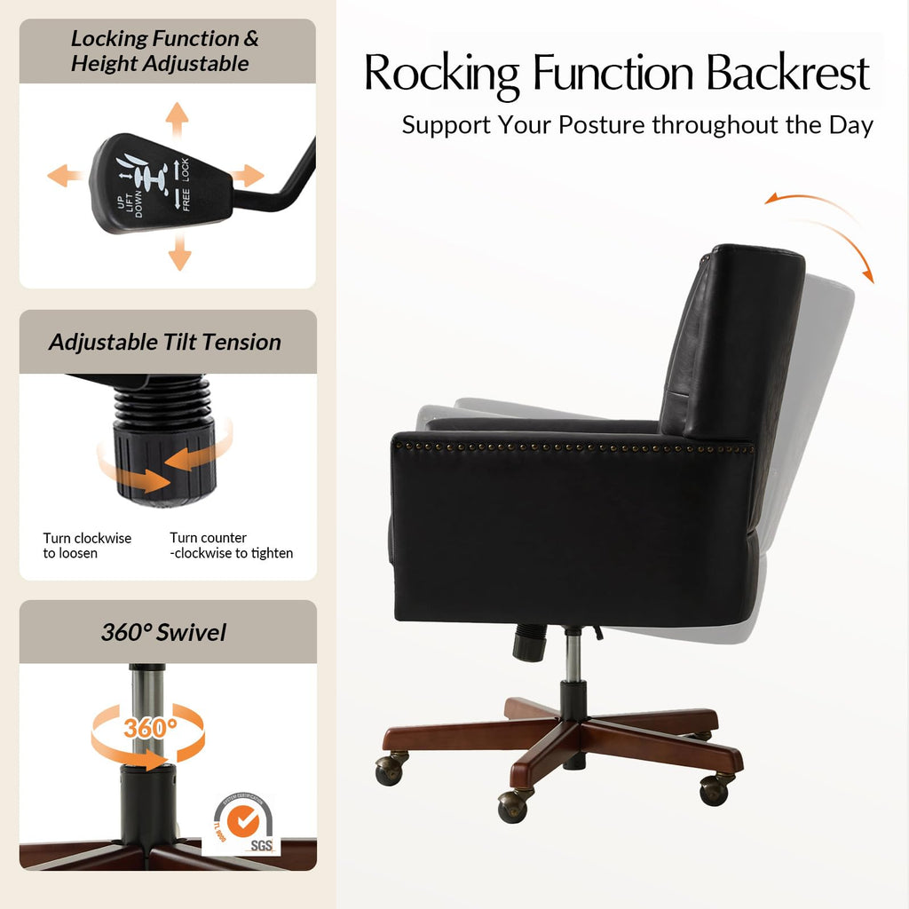 Faux Leather Office Chair with Tilt Function & Wood Base, Black