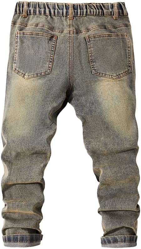 Tween Boys Jeans Retro Distressed Washed Ripped Frayed Stretch Blue Zipper Fly Denim Pants with Five Pockets