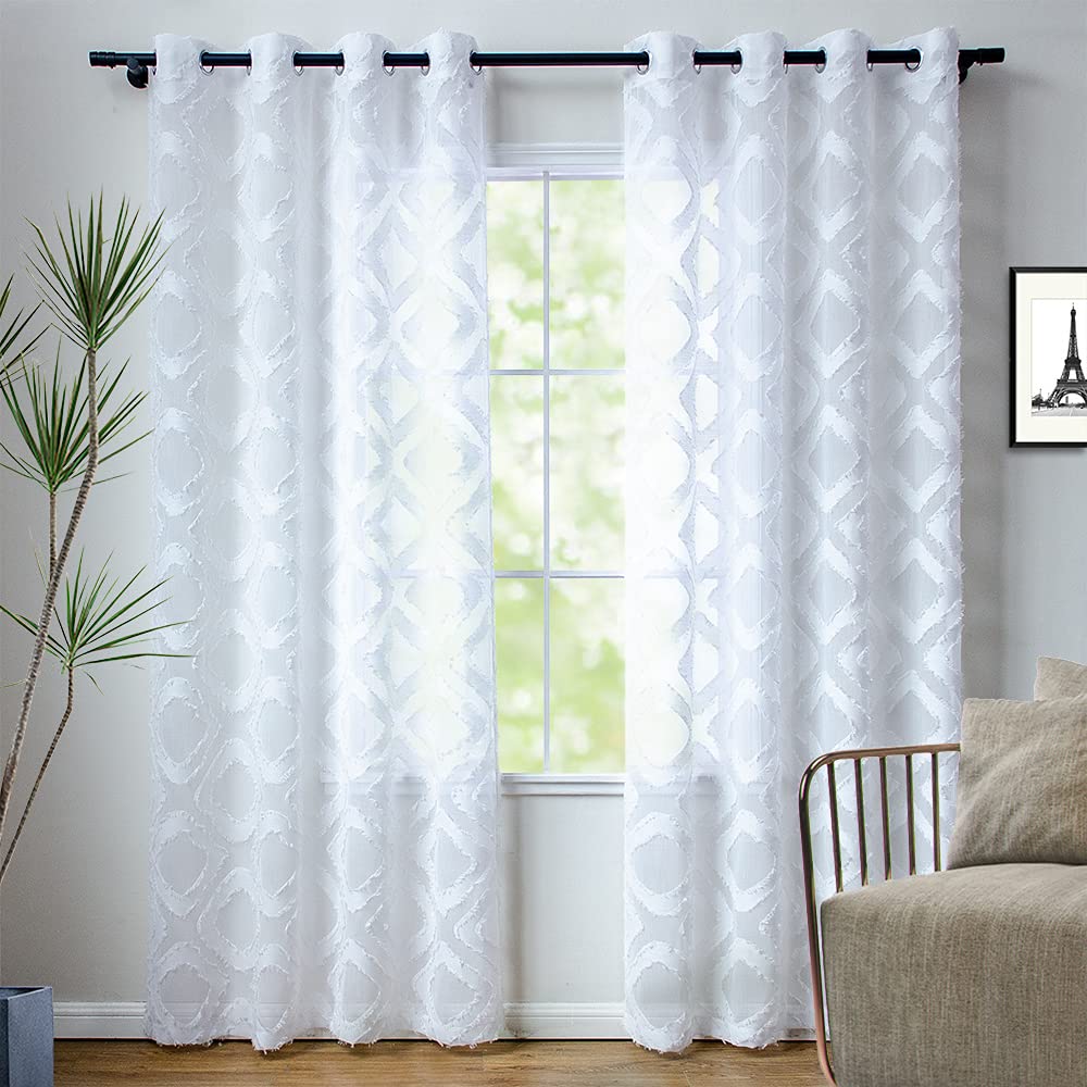 Shaggy Sheer White Curtains 84 inches Long, Diamond Patterned White Drapes Geometric Faux Linen Sheer Curtains