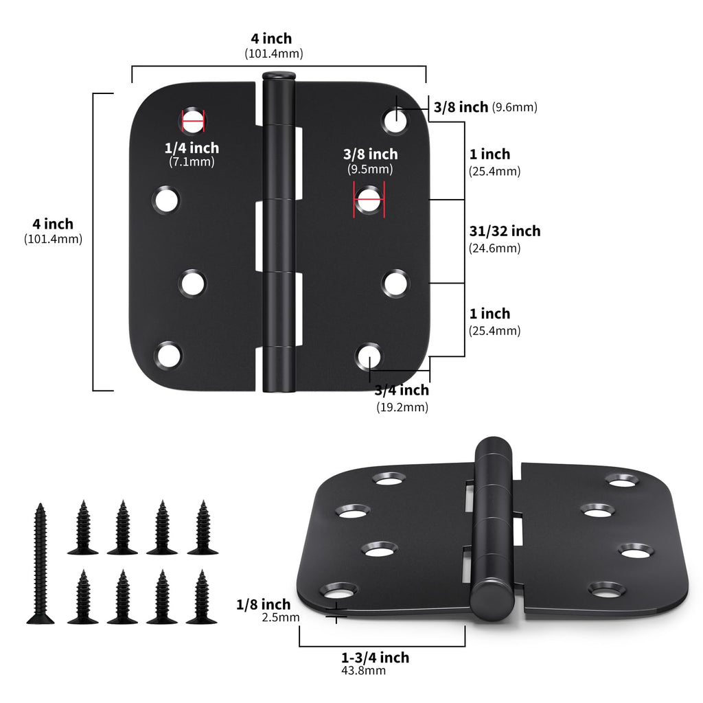 Matte Black Door Hinges 4"x 4" with 5/8" Radius Corners 48Pack