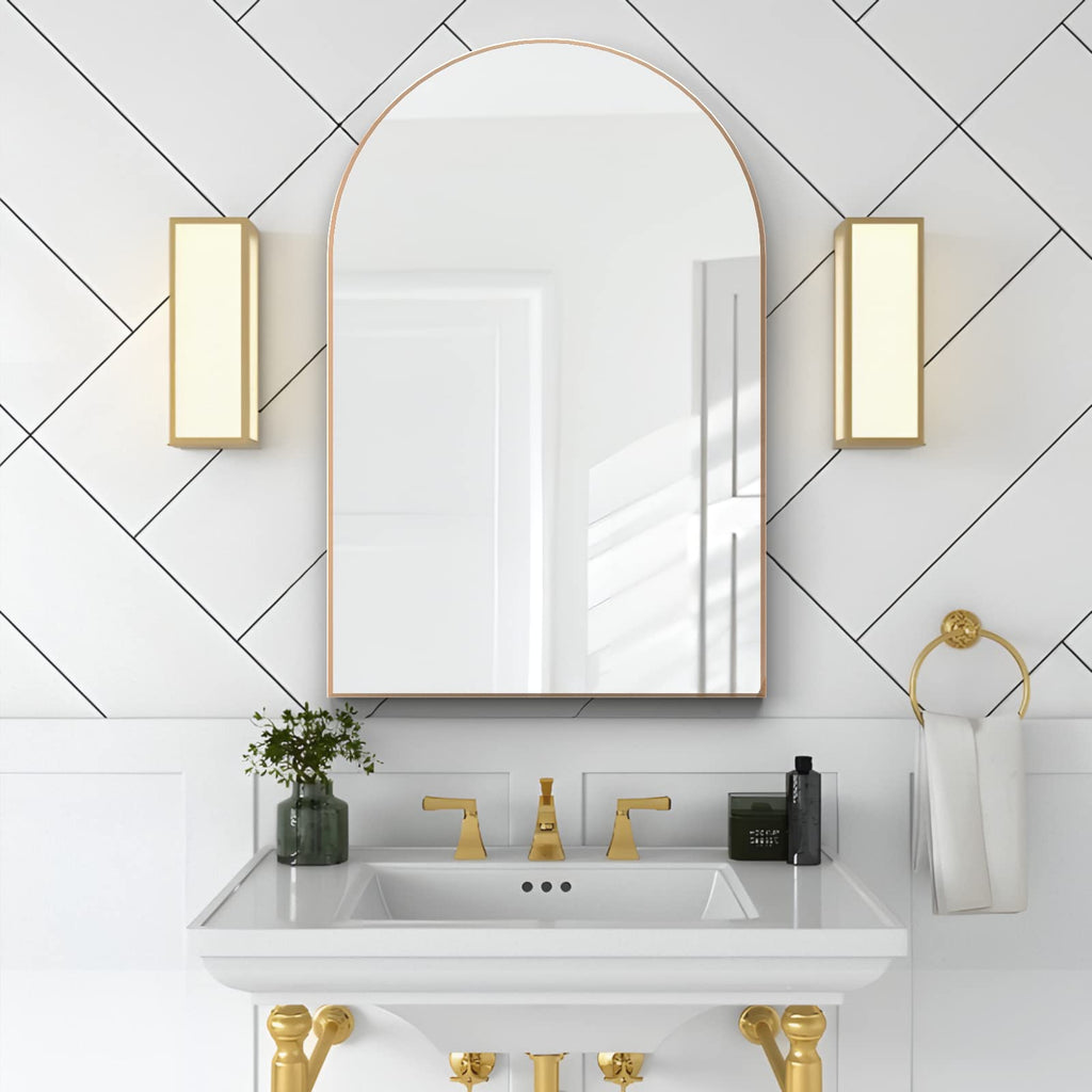 Wall Mounted Mirror, Arched Wall Mirror, 24"x36" Arch Bathroom Mirror with Metal Frame, Gold Vanity Mirror Decor