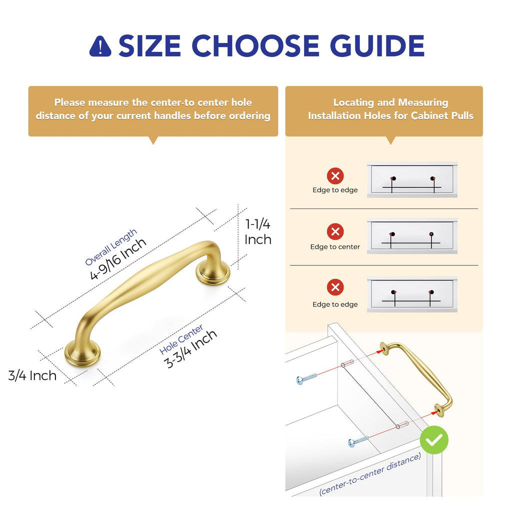 Brushed Gold Cabinet Handles Solid Pulls 3-3/4 Inch 20 Pack