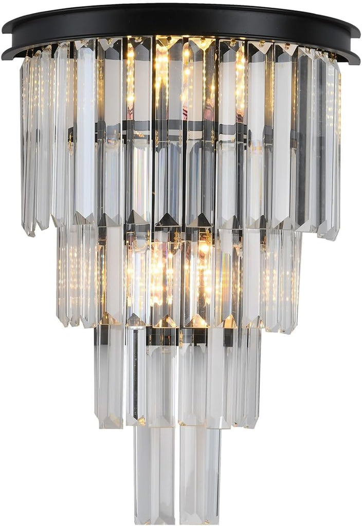 Black Crystal Wall Sconce, Modern 4-Tiers K9 Clear Crystal Wall Light Bedside Wall Mount Lamp for Living Room Bedroom