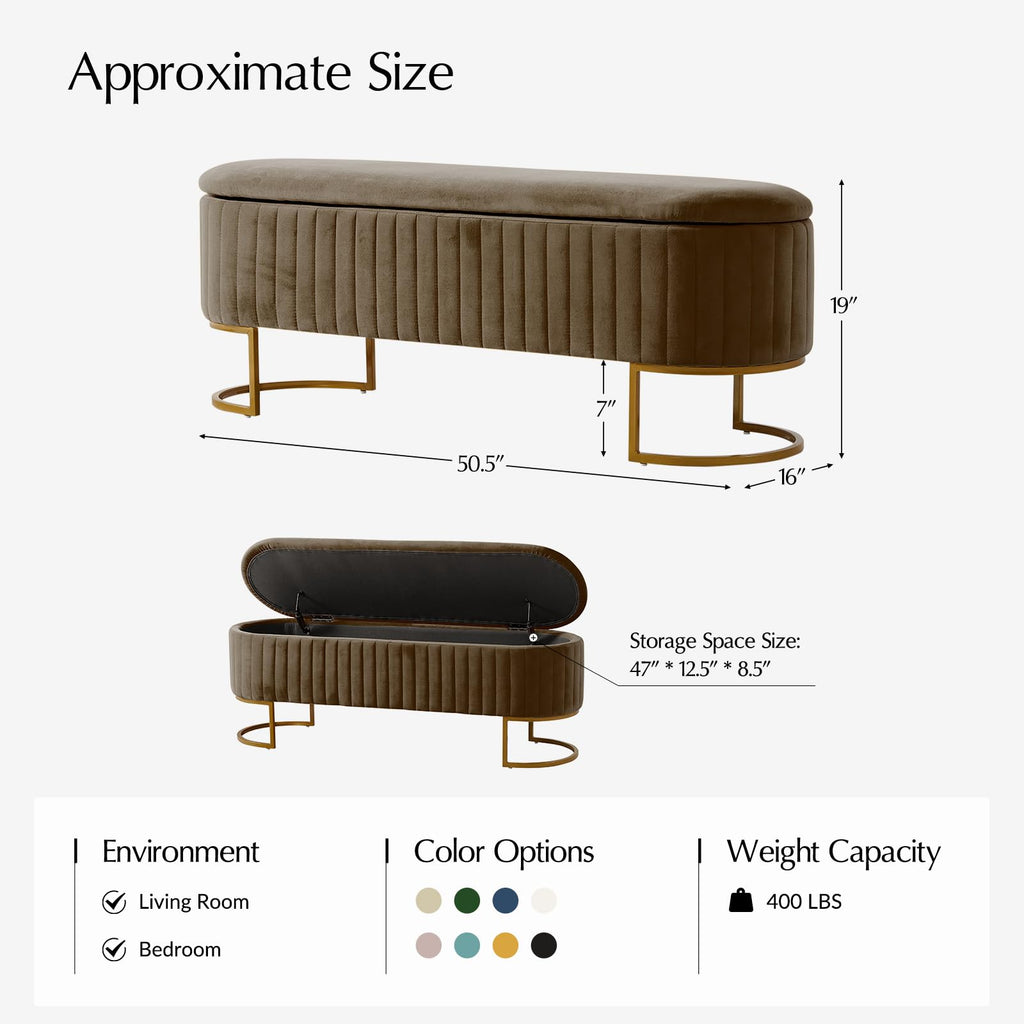 50.5" Velvet Storage Bench with Gold Legs, Modern End of Bed Bedroom Benches, Upholstered Flip Top Window Ottoman