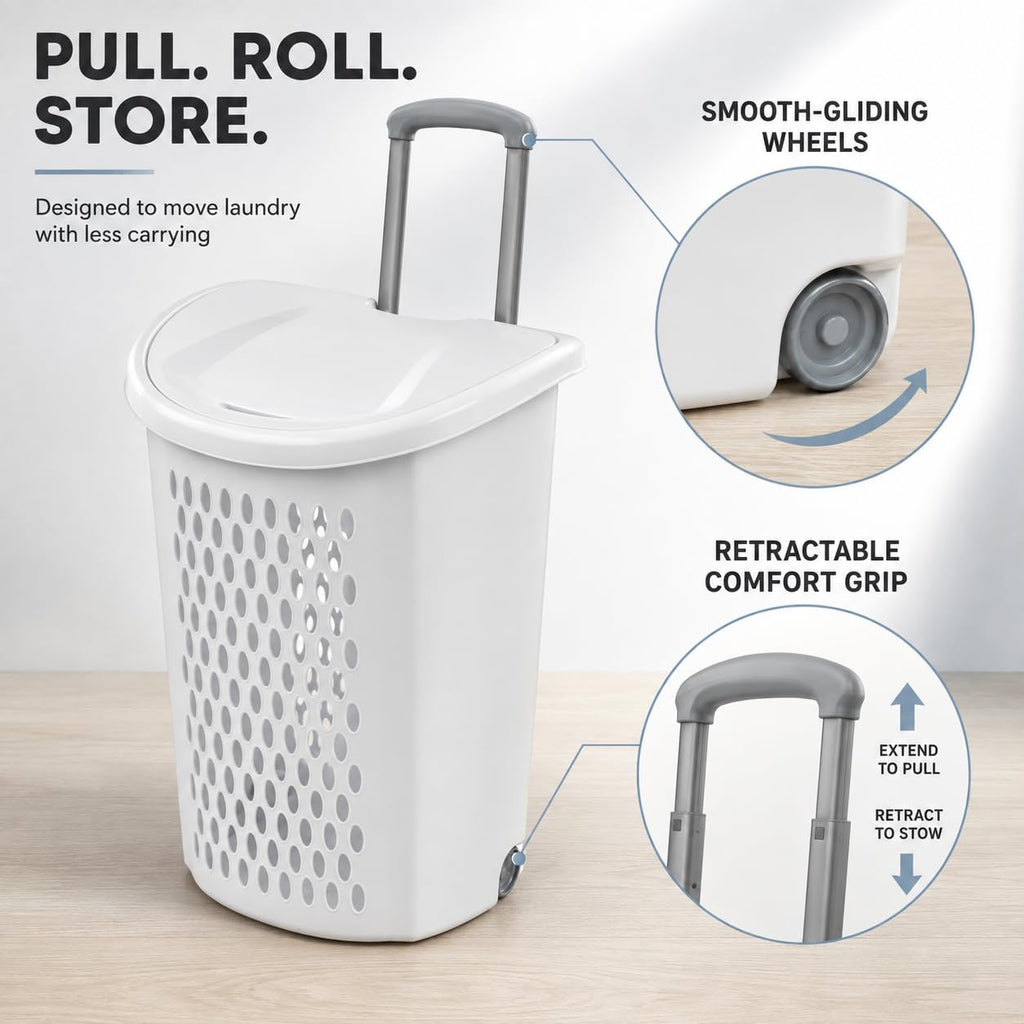 White Rolling Laundry Hamper with Wheels & Handle, 2 Bushel