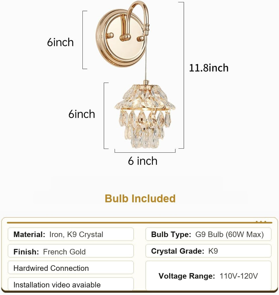 Modern French Gold Hardwired Crystal Wall Sconce Set of 2, Pinecone Shape Vintage Farmhouse Wall Mount Light Fixture