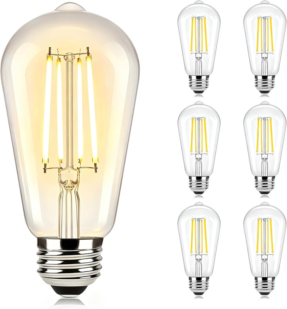 6-Pack Dimmable LED Light Bulbs 60W Equivalent, Vintage Edison Light Bulbs, 2700K Warm White ST58 7W LED Bulb Super