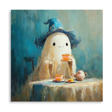 Whimsical Tea Party Ghost Halloween Wall Art Cute White Ghost with Teacups and Pastries Oil Painting Style Calming