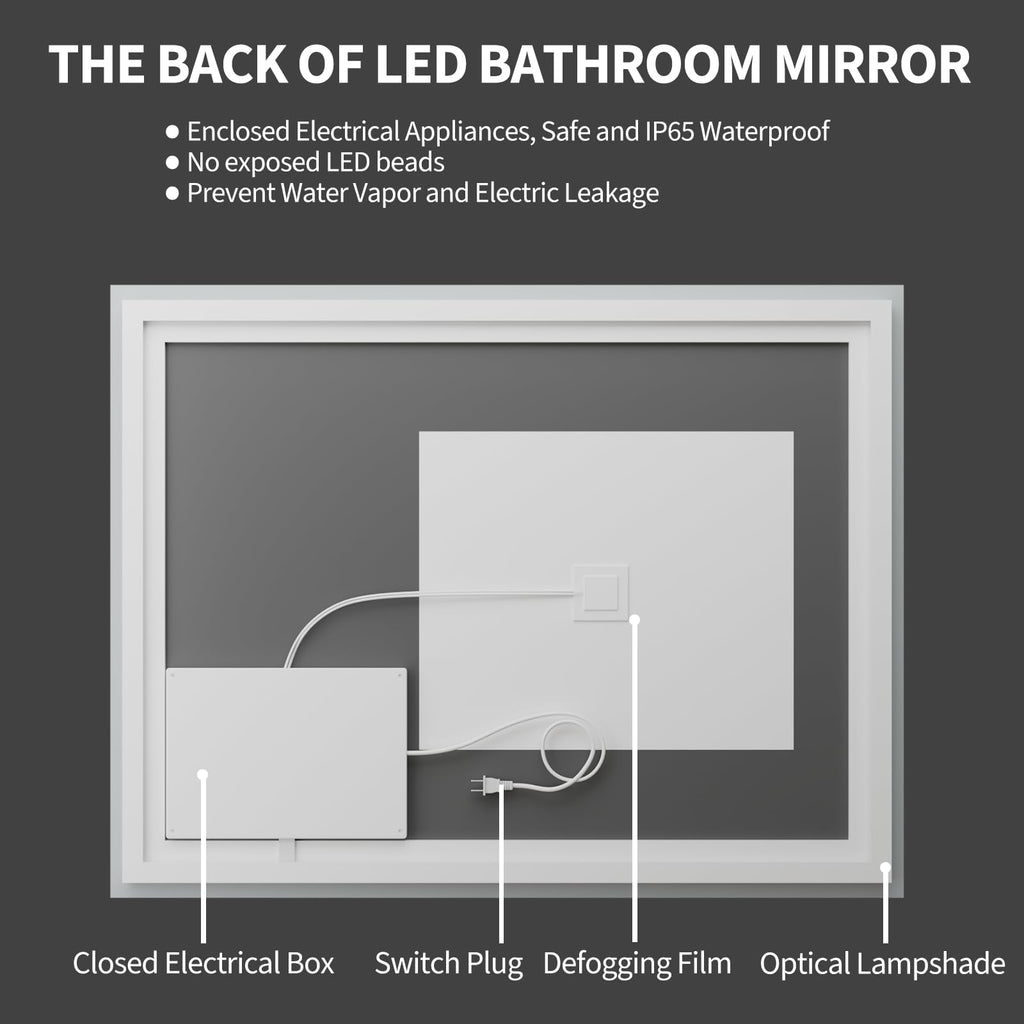 48x32 LED Bathroom Mirror with Light, Anti-Fog, 3 Colors