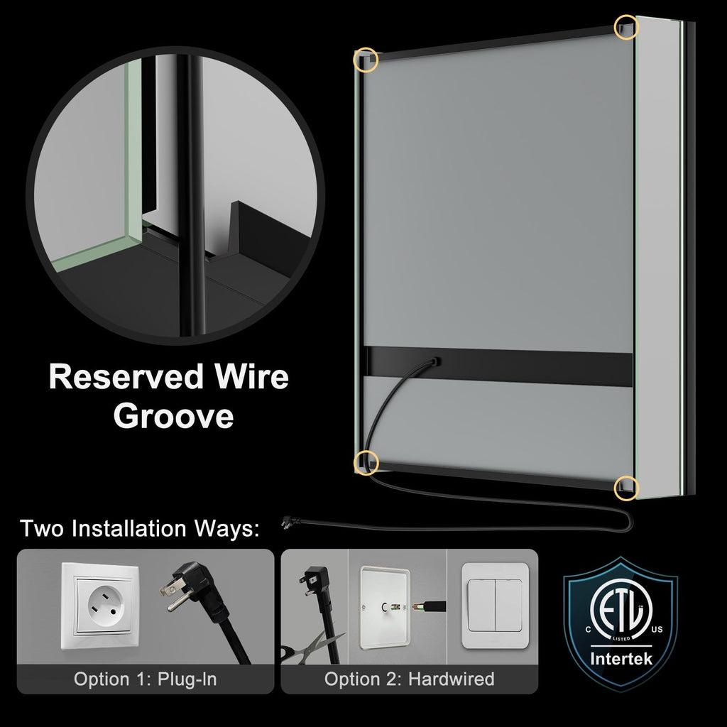 24x32 Medicine Cabinet with Mirror & LED Lights, Black Frame, Anti-Fog, 3-Color Dimmable, Aluminum