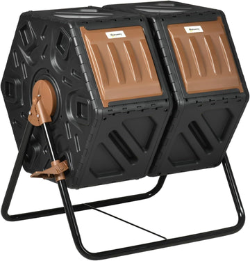 Outdoor Dual Chamber Compost Tumbler Bin with Steel Frame and 4 Ventilation Openings for Garden, Park, Kitchen