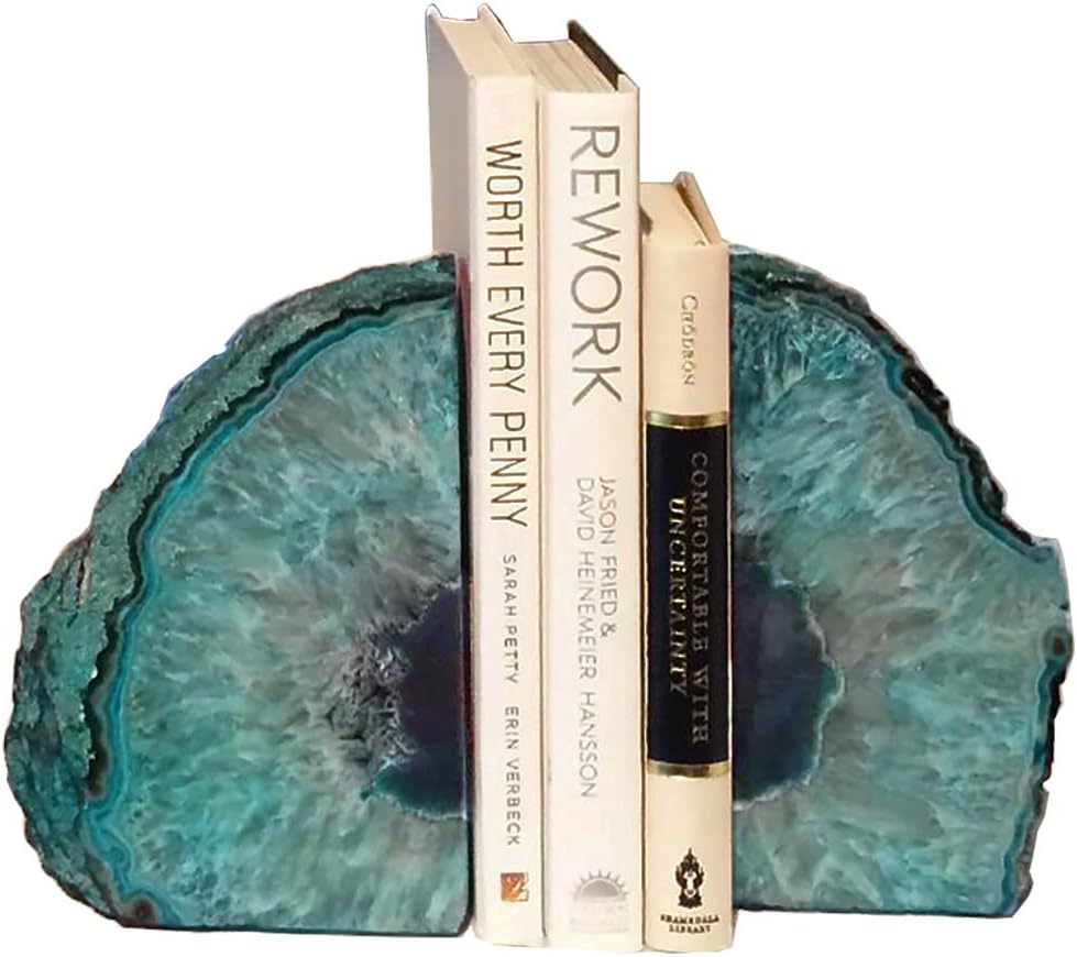 Agate Bookends Geode Book Ends Heavy Duty Bookend Holder Decor with Rubber Bumpers 2-3 LBS Small 2 Pairs Teal and Nature