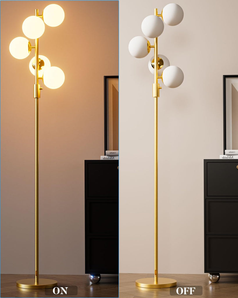 Dimmable Globe Floor Lamp, Gold Standing Lamps with 5PCS 3000K Bulbs Included, Mid Century Modern Floor Lamp