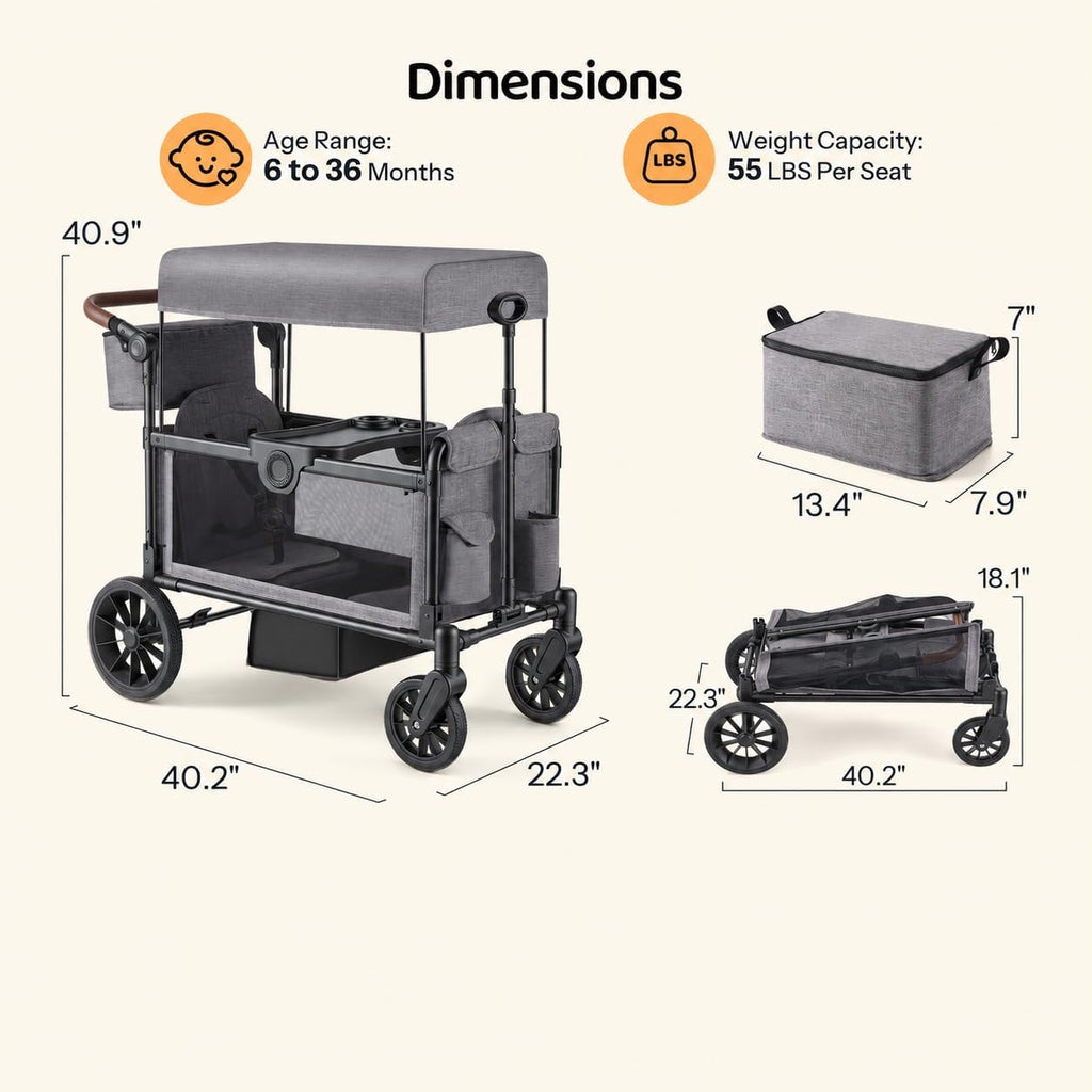Stroller Wagon for 2 Kids, Foldable Seater with Canopy
