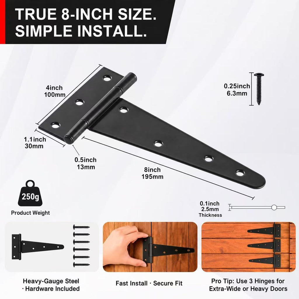 8 Inch Heavy Duty T Strap Hinges, 4 Pack Black Gate Hinges, Heavy-Gauge Steel, 8.8 oz Each, Screws Included for Shed